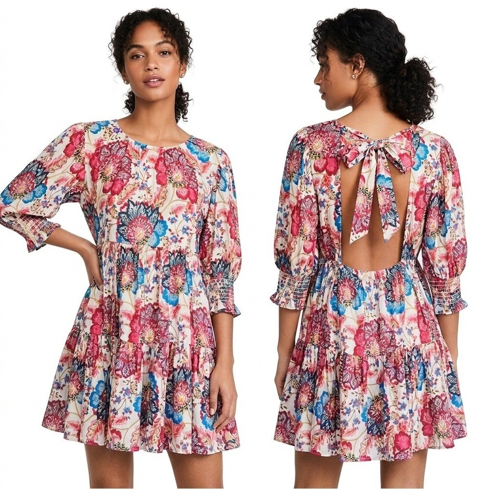 New MISA Honor Floral‎ Mini Dress Pink Multi Womens Size XS Tiered Open Tie Back